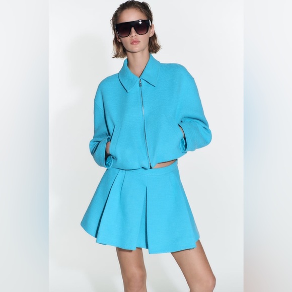 Zara Set - Sky Blue Crop Textured Bomber & Mini Skirt - Picture 10 of 17